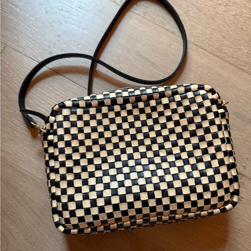 Clare V checkered mini sac. Black and cream woven checkered.